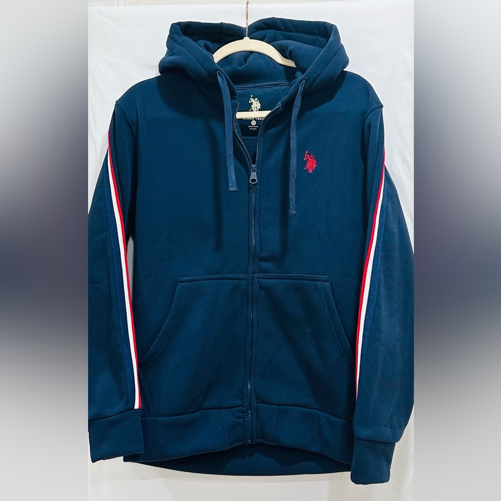 U.S. Polo‎ Assn Full Zip Fleece Hoodie Sz M Unisex Dark Blue Logo w/Pockets